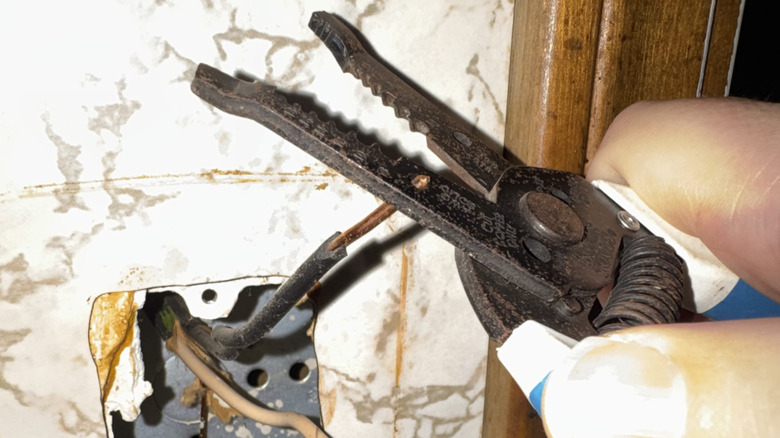 A close up picture of copper wires being stripped and bent in preparation for a new light switch to be installed