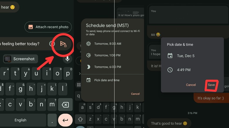 schedule text google messages screenshots