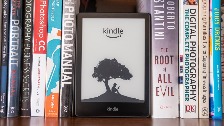 Amazon Kindle on book rack
