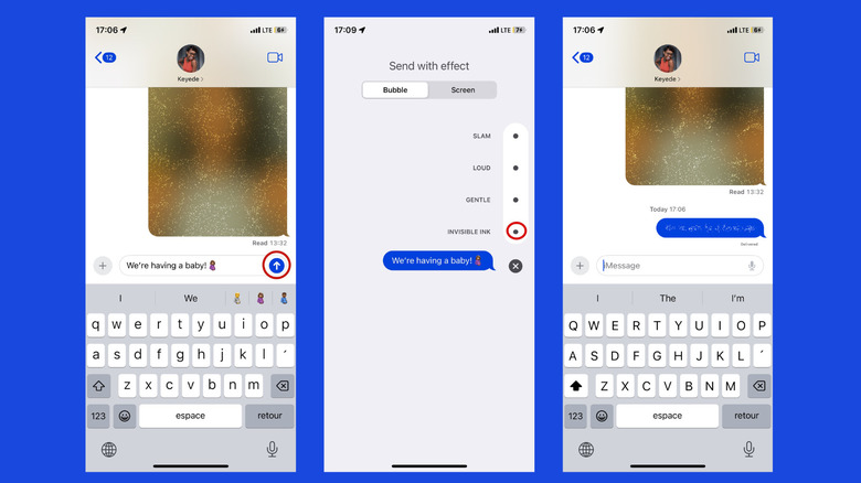 screenshots of how to send Invisible Ink messages on iPhone