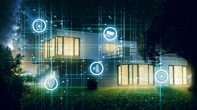 A house with overlaid graphics showing various security and smart home devices