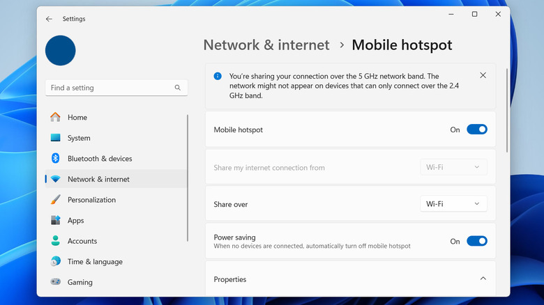 Mobile hotspot setting on Windows 11 computer