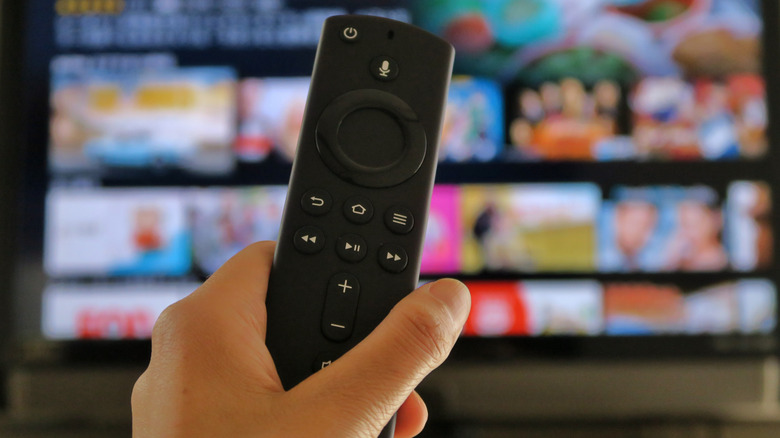 hand holding remote in front of TV
