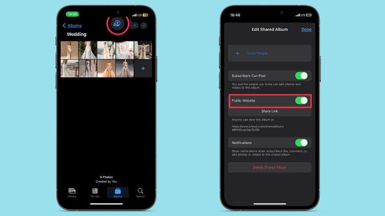 how-to screenshots to create photo albums public website on iPhone