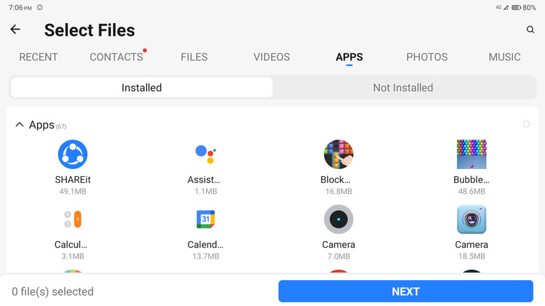 SHAREit app selection for sending