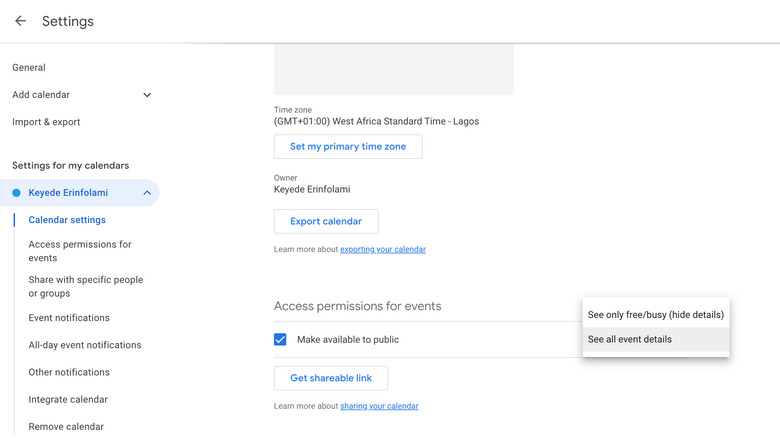 Google Calendar sharing (screenshot)
