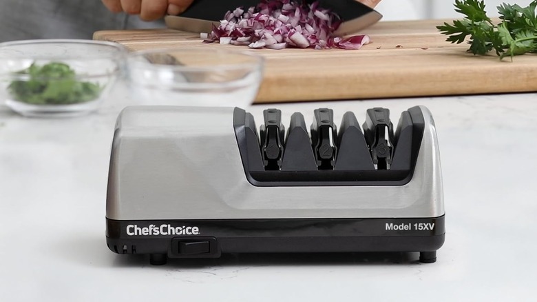 knife sharpener on kitchen prep table