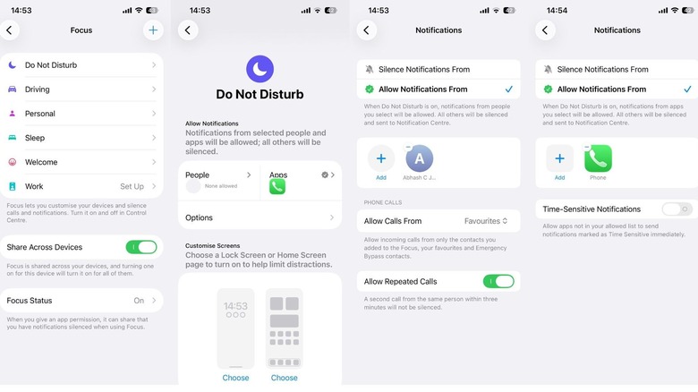Editing the Do Not Disturb settings in the iPhone Settings app.