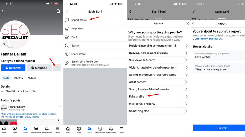 Step-by-step instruction on how to report a fake profile on Facebook.