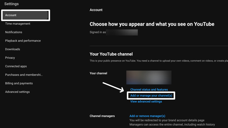 The YouTube channel account settings on YouTube