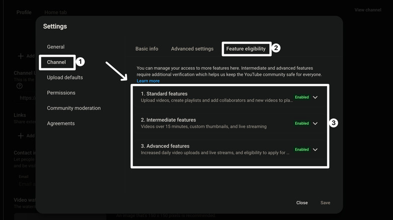 Feature eligibility settings in YouTube Studio