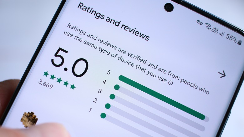 Android phone displaying Google Play app ratings page