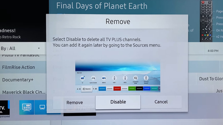 Samsung TV showing option to disable Samsung TV Plus