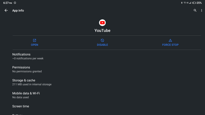 youtube force stop from settings