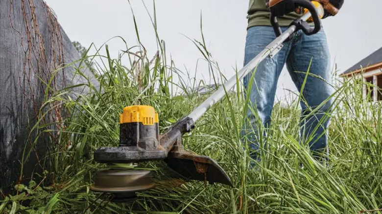 Close-up of a DeWalt string trimmer as a person trims heavy grass near a wall