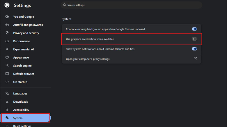 The System settings page in Chrome