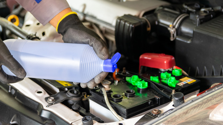 Mechanic adding water to car battery