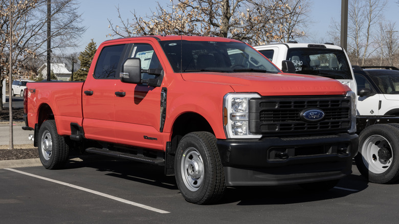 a red ford f150 with the 6.7l powerstroke engine inside