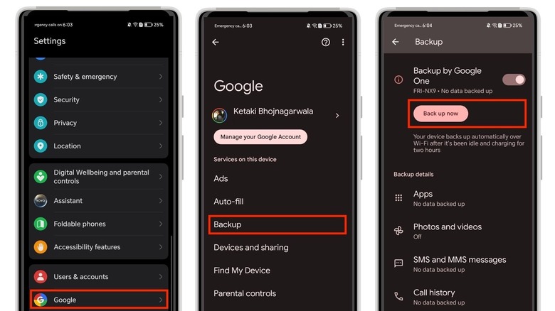 Google Messages backup option