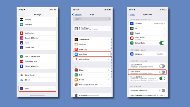 screenshots of iPhones Settings pages showing how to toggle off Auto App Updates
