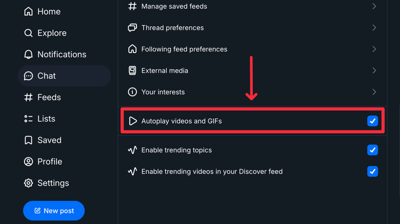 The settings for Bluesky on desktop.