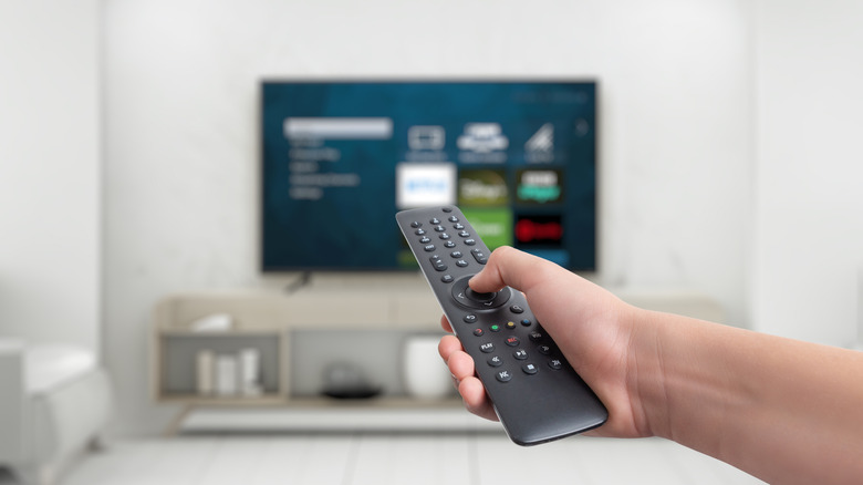 A hand holding a remote with a blurry background of a TV.