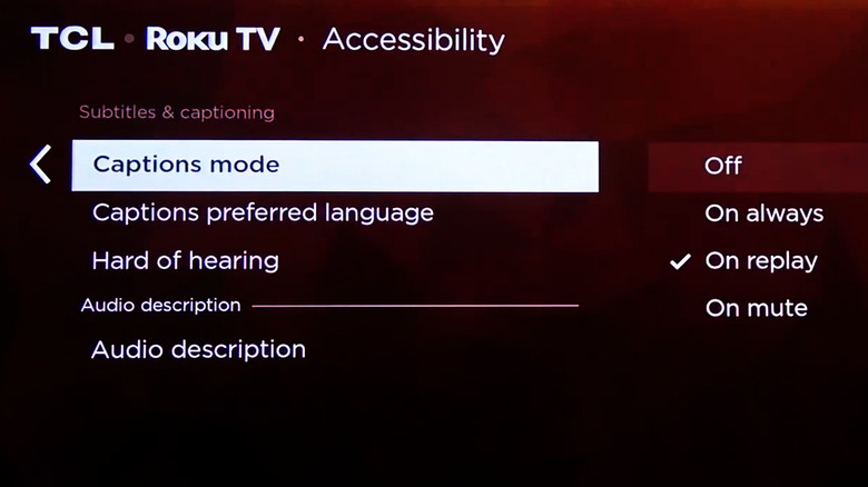 Accessibility menu in Roku showing captions mode option