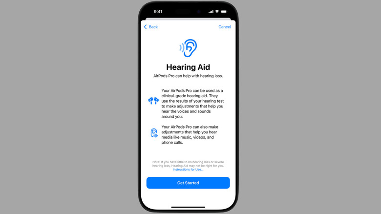 Hearing Aid feature setup screen on iPhone