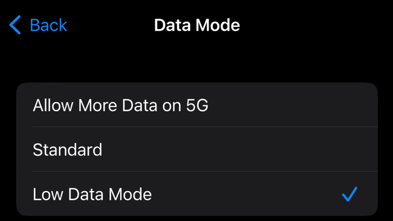 Screenshot of low data mode in Settings
