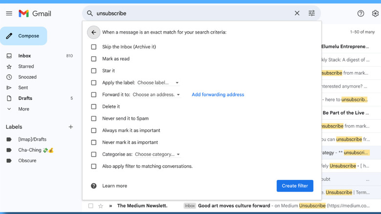 A screenshot of Gmail filter settings.