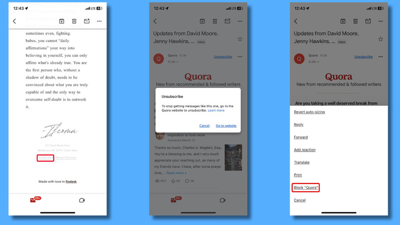 A screenshot of Unsubscribe buttons in Gmail.