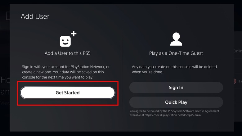 PS5 create new user screenshot