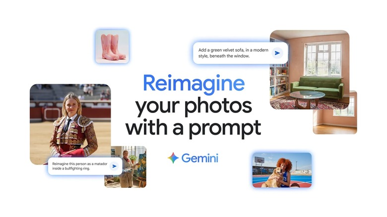 Google Gemini logo surrounded by pictures and prompts for image generation