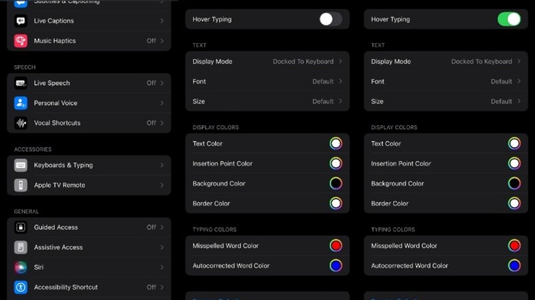 iPhone Settings menu for Hover Typing