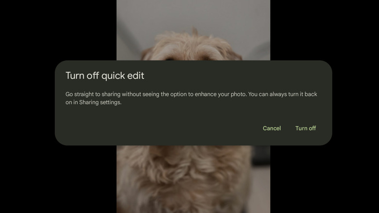 Dialog box to turn off Quick Edit in Google Photos for Android