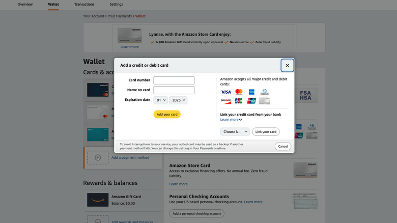 Add a credit or debit card screen on Amazon website