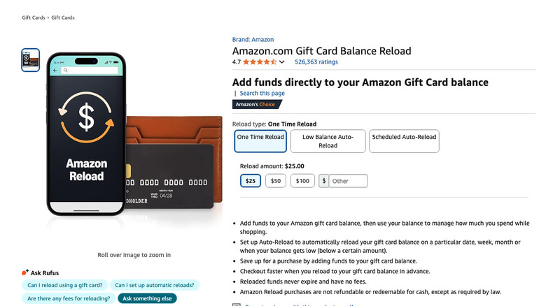 Screen on Amazon for adding funds to Amazon Gift Card balance