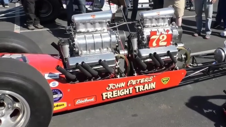 "Freight Train" twin-engine rail dragster, close-up of engines, right-side view
