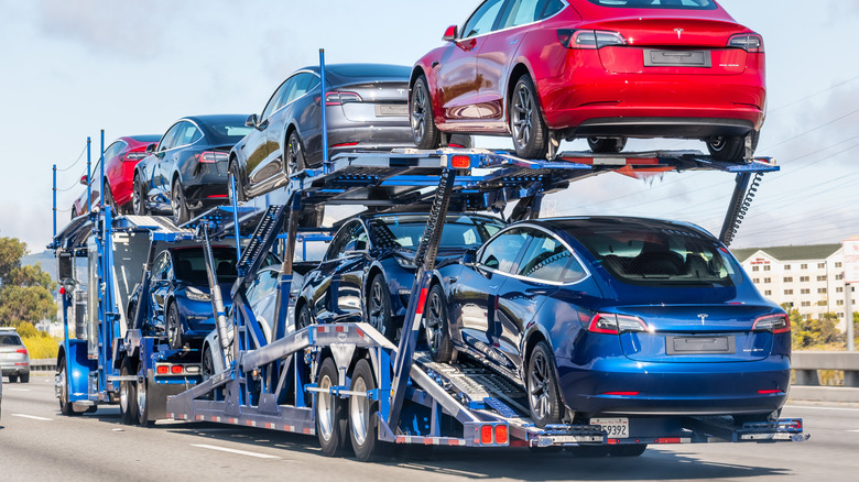 Tesla EVs on transporter