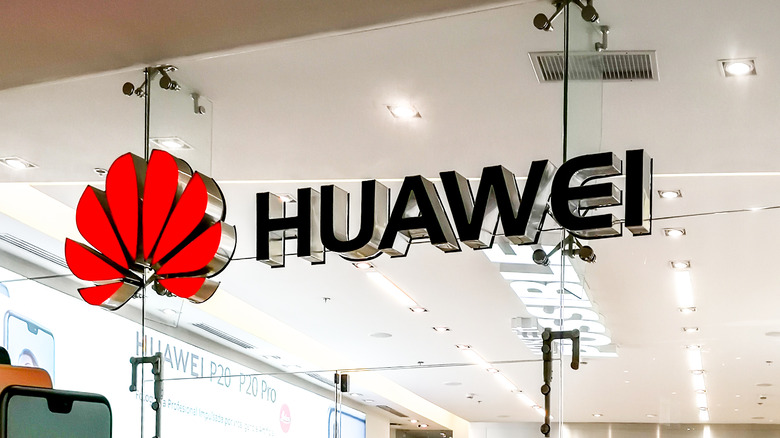 Huawei logo on glass wall
