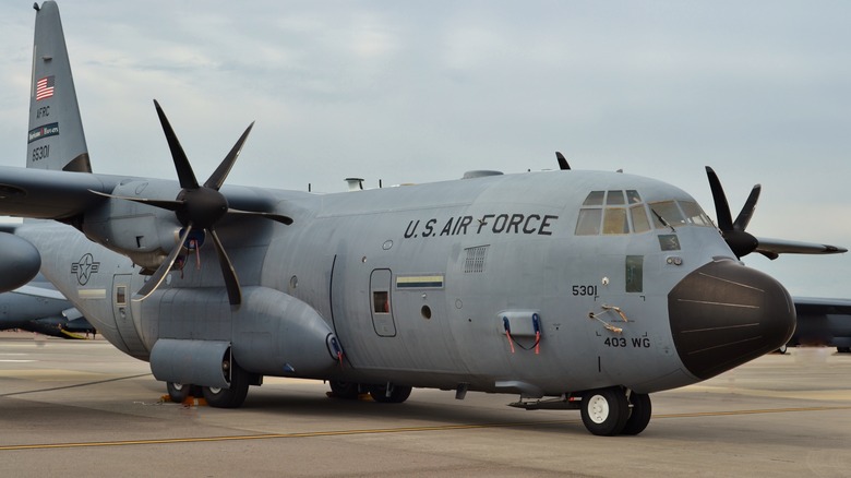 A WC-130J weather reconnaissance plane on the tarmac