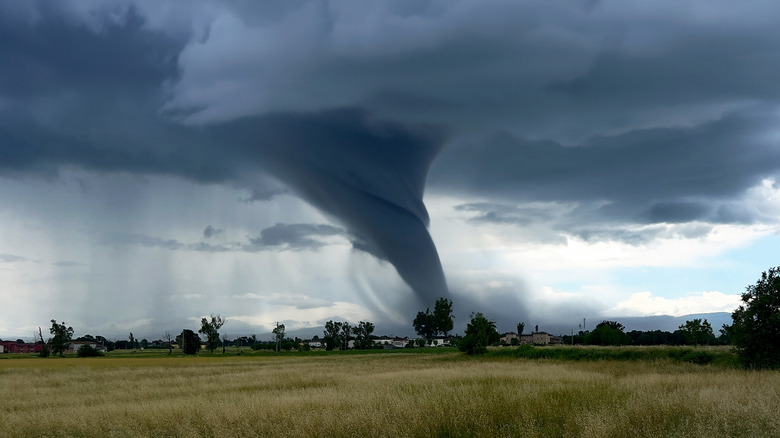 A tornado forms over farmland in the US countryside