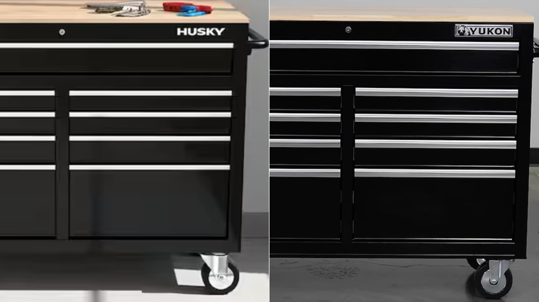 Side-by-side of black Husky and Yukon 9-drawer tool cabinets