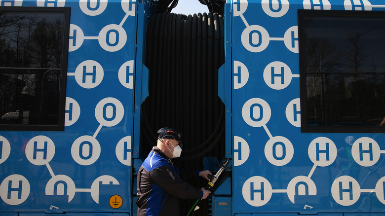 man refueling a hydrogen train