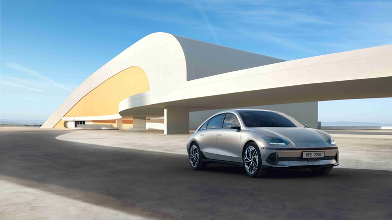 Hyundai Ioniq 6 parked futuristic building