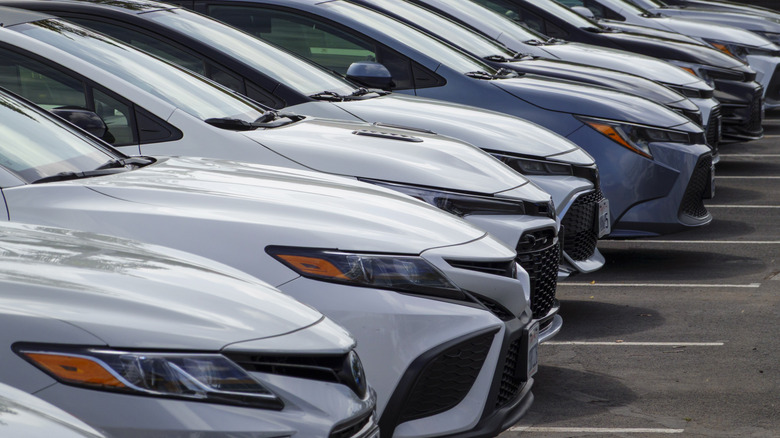 Close up view of used Toyota models parked on CarMax dealer lot.