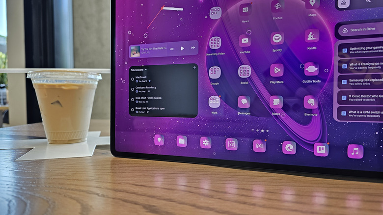 Samsung Galaxy Tab S9 Ultra on a table alongside coffee