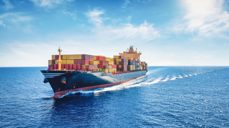 Cargo ship at sea, facing portside bow-on