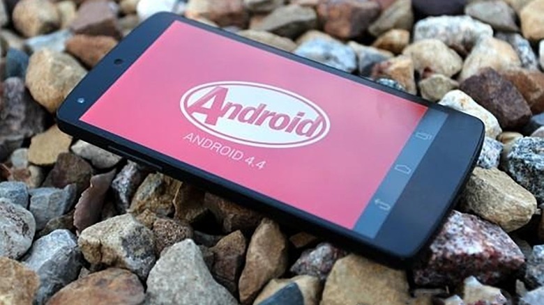 A Google Nexus 5 smartphone with the Android KitKat splash screen