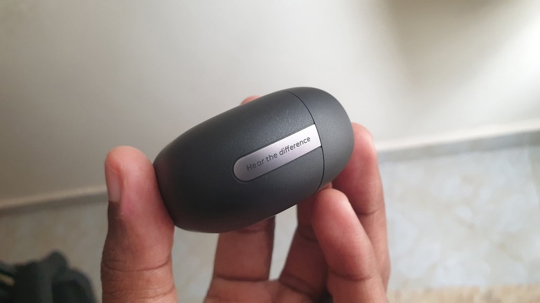 Person holding a closed earbud case.